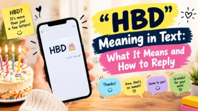 HBD meaning in text infographic with a smartphone, birthday cake, and friendly examples of how to reply to HBD messages.