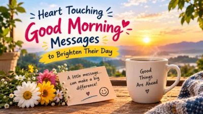 Heart touching good morning messages with sunrise, flowers, coffee, and a sweet note