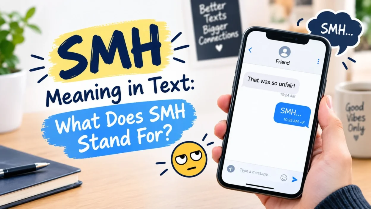 SMH meaning in text explained with a smartphone chat, bold lettering, and an unimpressed emoji.