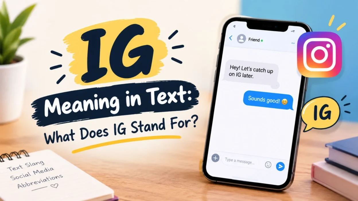 IG meaning in text explained with a smartphone chat, Instagram logo, and social media abbreviations.