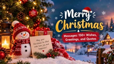 Merry Christmas messages with a smiling snowman, glowing lantern, festive decorations, and 150+ holiday wishes and quotes.