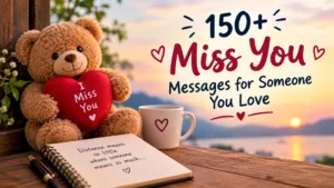 150+ miss you messages for someone you love with a teddy bear holding a red heart at sunset