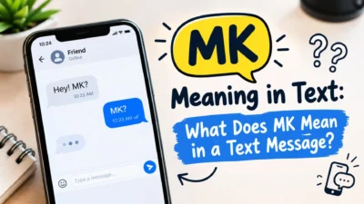 MK meaning in text message explained with a smartphone chat illustration and bold blue and yellow text.