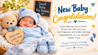 New baby congratulations messages with a cute newborn, teddy bear, and baby booties