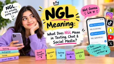 NGL meaning explained with texting, chat, and social media examples on a colorful infographic