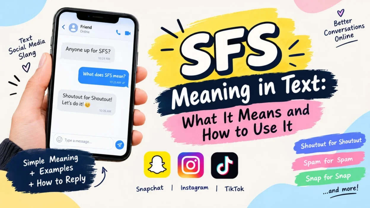 SFS meaning in text explained with chat examples, Snapchat, Instagram, and TikTok icons.