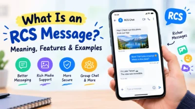What is an RCS message infographic showing rich messaging features, photo sharing, group chats, and smartphone conversations.